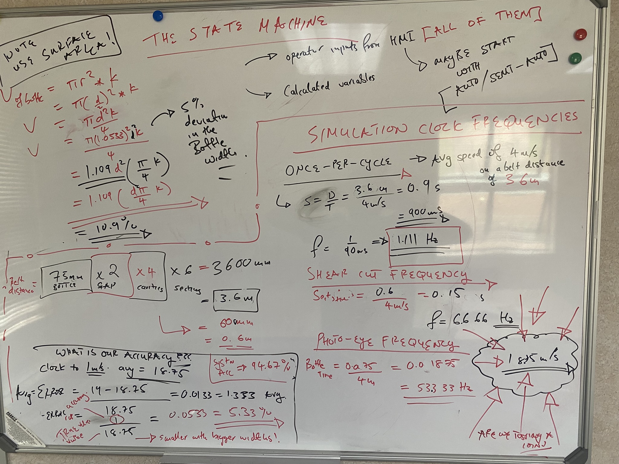 Whiteboard design notes showing conveyor bottle spacing, tracking distance, timing calculations and simulation frequencies.